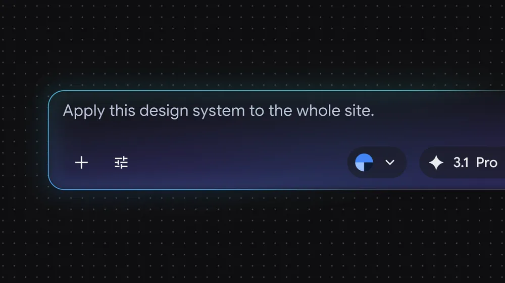 Barre de prompt Stitch avec "Apply this design system to the whole site."